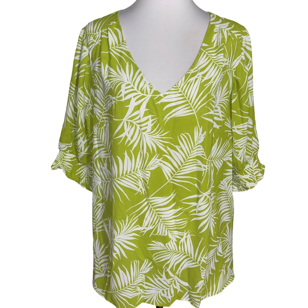 Olivia & Martin V Neck Blouse Leaf Print